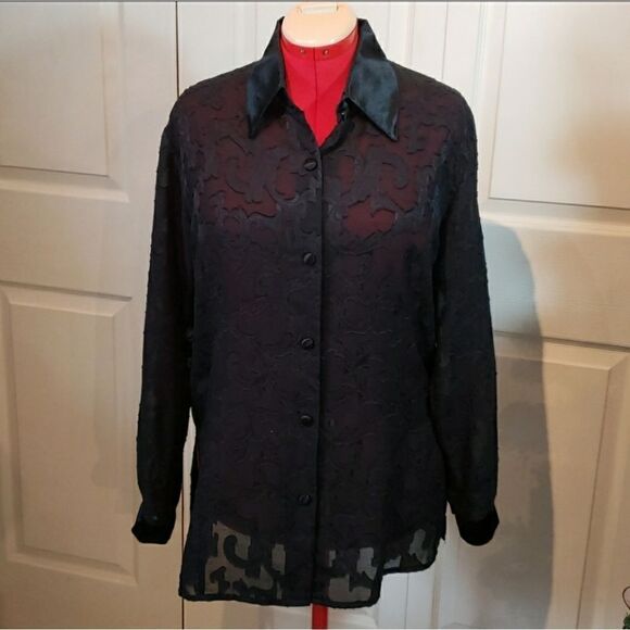 Hillard & Hanson Sheer Black Button Up Top - Picture 3 of 8